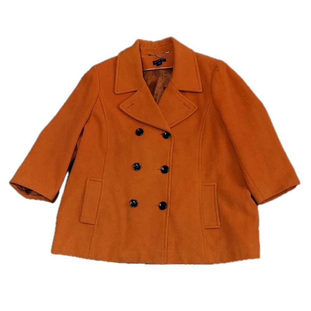 Lands' End Womens 26W Wool Cashmere Blend Orange Double Breasted Pea Coat